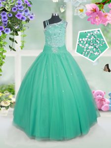 Cute Floor Length Aqua Blue Pageant Gowns For Girls Tulle Sleeveless Beading