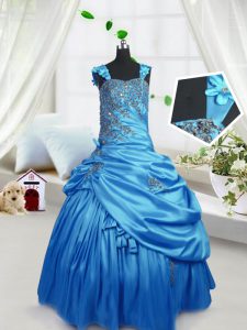 Stylish Aqua Blue Satin Zipper Straps Sleeveless Floor Length Child Pageant Dress Beading and Pick Ups