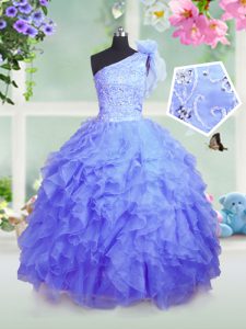 One Shoulder Sleeveless Kids Pageant Dress Floor Length Beading and Ruffles Blue Organza
