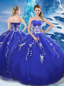 Suitable Floor Length Lace Up 15 Quinceanera Dress Blue for Military Ball and Sweet 16 and Quinceanera with Appliques