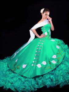Wonderful Turquoise Quinceanera Gowns Organza Brush Train Sleeveless Embroidery and Ruffles