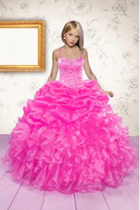 Latest Hot Pink Lace Up Girls Pageant Dresses Beading and Ruffles and Pick Ups Sleeveless Floor Length