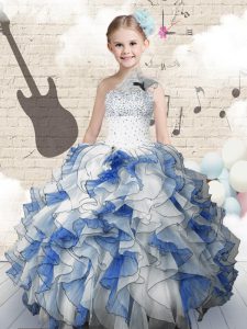 One Shoulder Sleeveless Organza Little Girl Pageant Dress Beading and Ruffles Lace Up