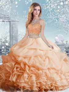 Floor Length Peach Quinceanera Dresses Organza Sleeveless Beading and Ruffles and Pick Ups