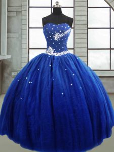 Sleeveless Tulle Floor Length Lace Up Quince Ball Gowns in Royal Blue with Beading