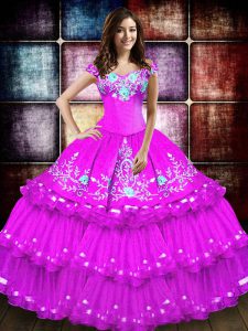 Off The Shoulder Sleeveless Taffeta 15 Quinceanera Dress Embroidery and Ruffled Layers Lace Up