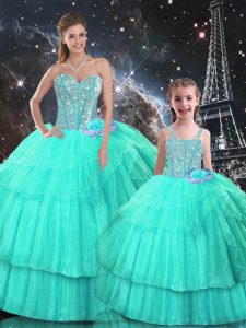 Fine Floor Length Turquoise Quinceanera Dress Sweetheart Sleeveless Lace Up