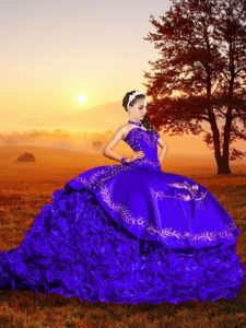 Clearance Sleeveless Embroidery and Ruffles Lace Up Quinceanera Dresses with Purple Brush Train