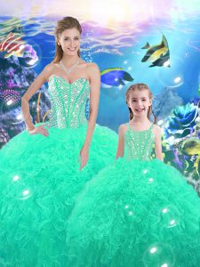 Turquoise Ball Gown Prom Dress Military Ball and Sweet 16 and Quinceanera with Beading and Ruffles Sweetheart Sleeveless Lace Up