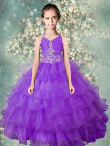 Graceful Halter Top Beading and Ruffled Layers Child Pageant Dress Lavender Zipper Sleeveless Floor Length
