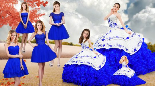 Sweet Strapless Sleeveless Brush Train Lace Up Quinceanera Gowns Royal Blue Organza