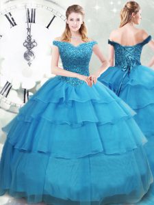 Luxurious Baby Blue Sweet 16 Quinceanera Dress Military Ball and Sweet 16 and Quinceanera with Beading and Ruffled Layers Off The Shoulder Sleeveless Brush Train Lace Up