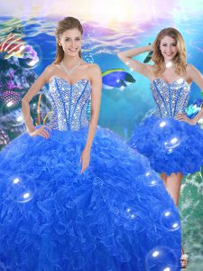 Admirable Royal Blue Sweetheart Neckline Beading and Ruffles Ball Gown Prom Dress Sleeveless Lace Up
