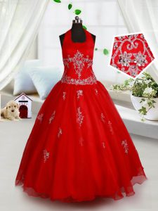Custom Designed Halter Top Red Organza Lace Up Child Pageant Dress Sleeveless Floor Length Beading and Appliques