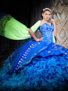 Stunning Royal Blue Sleeveless Brush Train Embroidery and Ruffles Quinceanera Dress