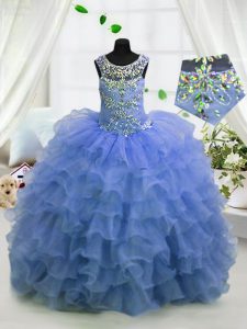 Light Blue Lace Up Scoop Beading and Ruffled Layers Kids Formal Wear Organza Sleeveless