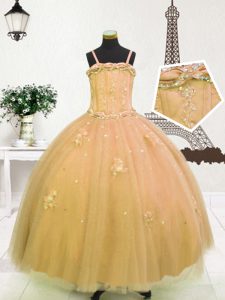 Custom Design Floor Length Ball Gowns Sleeveless Light Yellow and Gold Little Girls Pageant Dress Zipper