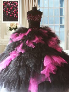 Exceptional Pink And Black Ball Gowns Tulle Sweetheart Sleeveless Beading and Ruffles Floor Length Lace Up 15 Quinceanera Dress
