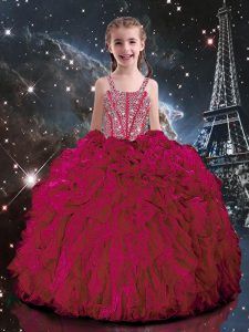 Straps Sleeveless Child Pageant Dress Floor Length Beading and Ruffles Hot Pink Organza