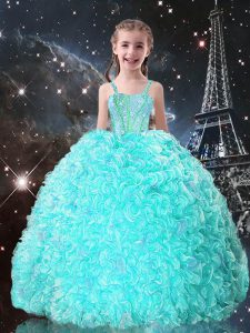 Affordable Sleeveless Organza Floor Length Lace Up Little Girl Pageant Dress in Turquoise with Beading and Ruffles