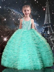 Turquoise Tulle Lace Up Straps Sleeveless Floor Length Little Girl Pageant Gowns Beading and Ruffled Layers