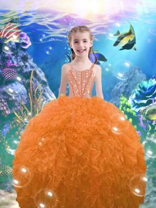 Floor Length Orange Red Little Girl Pageant Gowns Organza Sleeveless Beading and Ruffles