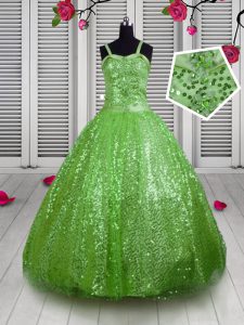 Sweet Apple Green Ball Gowns Straps Sleeveless Sequined Floor Length Lace Up Beading and Sequins Little Girl Pageant Dress
