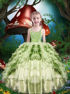 Straps Short Sleeves Girls Pageant Dresses Floor Length Beading and Ruffles and Ruffled Layers Yellow Green Organza