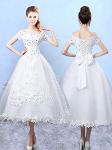 White A-line Beading and Lace and Bowknot Court Dresses for Sweet 16 Lace Up Tulle Short Sleeves Ankle Length