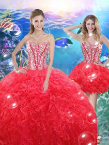 Artistic Sleeveless Organza Floor Length Lace Up Quinceanera Dresses in Coral Red with Beading and Ruffles