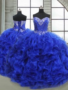 Fitting Royal Blue Ball Gowns Beading and Ruffles Sweet 16 Quinceanera Dress Lace Up Organza Sleeveless Floor Length