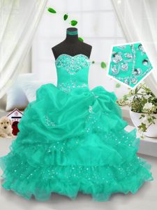 Pick Ups Ruffled Floor Length Ball Gowns Sleeveless Turquoise Little Girls Pageant Gowns Lace Up