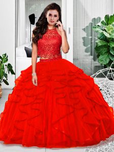 Suitable Halter Top Sleeveless Tulle Sweet 16 Dresses Lace and Ruffles Zipper