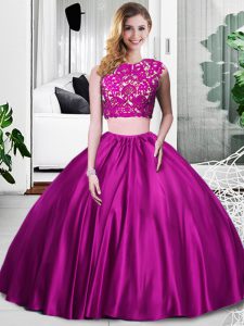 Suitable Fuchsia Scoop Neckline Lace and Ruching Quinceanera Dress Sleeveless Zipper