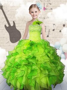 Popular Organza One Shoulder Sleeveless Lace Up Beading and Ruffles Kids Pageant Dress in