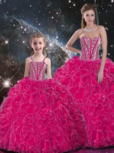 Hot Pink Organza Lace Up Quinceanera Dress Sleeveless Floor Length Beading and Ruffles