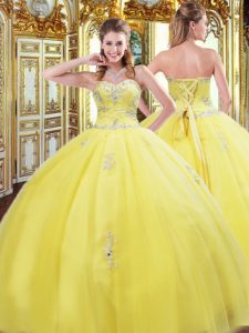 Graceful Gold Tulle Lace Up Sweet 16 Quinceanera Dress Sleeveless Floor Length Beading and Appliques
