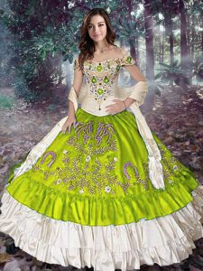 Fashion Sleeveless Floor Length Embroidery and Ruffled Layers Lace Up Quinceanera Dress with Yellow Green