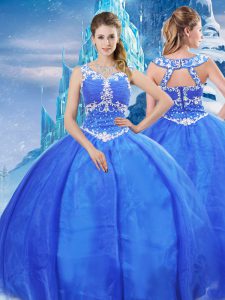 Blue Sleeveless Floor Length Beading Zipper Quinceanera Gown
