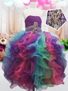 Custom Design Floor Length Zipper Little Girls Pageant Gowns Multi-color for Quinceanera and Wedding Party with Beading and Ruffles