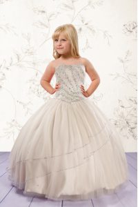 Ball Gowns Little Girl Pageant Gowns Champagne Strapless Tulle Sleeveless Floor Length Lace Up