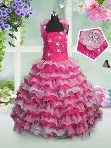 Hot Pink Lace Up Little Girls Pageant Gowns Beading and Appliques and Ruffled Layers Sleeveless Floor Length