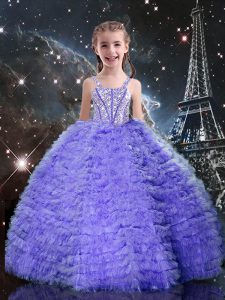 Lavender Ball Gowns Beading and Ruffled Layers Little Girl Pageant Gowns Lace Up Tulle Short Sleeves Floor Length
