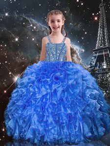 Sleeveless Organza Floor Length Lace Up Kids Formal Wear in Blue with Beading and Ruffles
