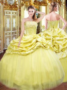 Gold Ball Gowns Taffeta Strapless Sleeveless Beading and Pick Ups Floor Length Lace Up Ball Gown Prom Dress