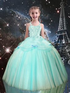 Simple Aqua Blue Tulle Lace Up Kids Formal Wear Sleeveless Floor Length Beading