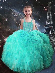 Trendy Beading and Ruffles Little Girls Pageant Gowns Turquoise Lace Up Sleeveless Floor Length
