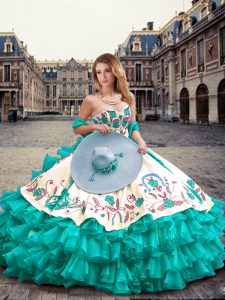 Glorious Turquoise Organza and Taffeta Lace Up Sweet 16 Quinceanera Dress Sleeveless Floor Length Embroidery and Ruffled Layers