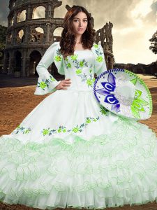 White Long Sleeves Embroidery and Ruffled Layers Floor Length Sweet 16 Dress