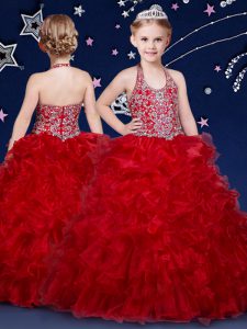 Fantastic Floor Length Wine Red Little Girls Pageant Dress Wholesale Halter Top Sleeveless Zipper